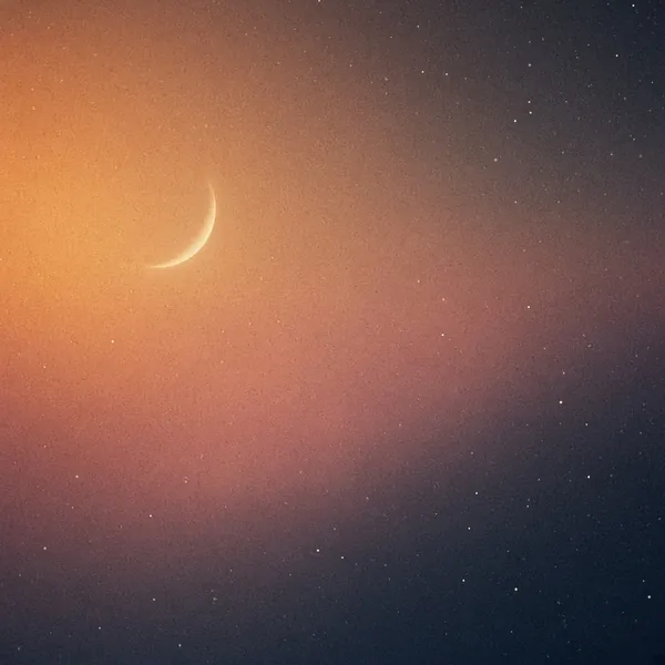 Abstract cover art: a crescent moon in an amber dusk sky