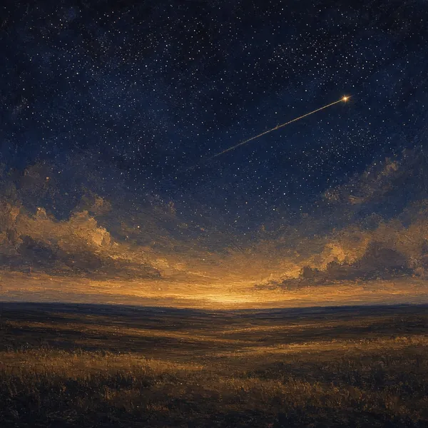 Abstract cover art: a shooting star over a golden prairie horizon