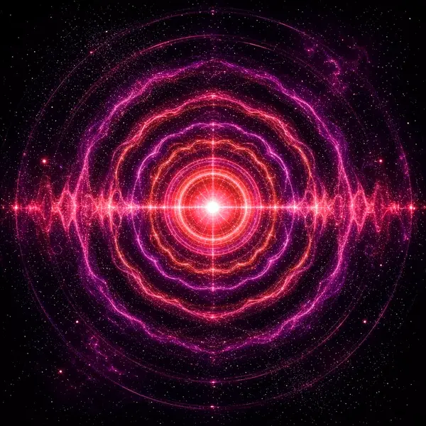 Abstract cover art: red and magenta rings radiating like a pulsar